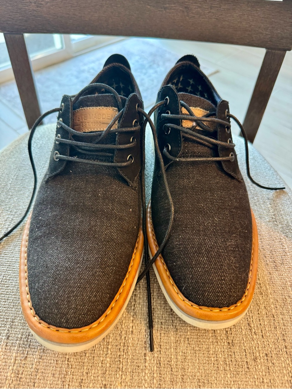 Steve Madden Hamlin Men’s 9.5 Black Denim Leather Lace Up Oxford Dress Shoes